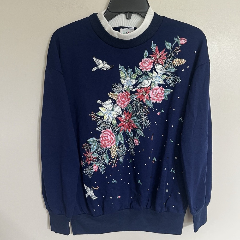 Nutcracker Vintage Navy Blue Holiday Floral Bird Sweatshirt Mock Neck Large